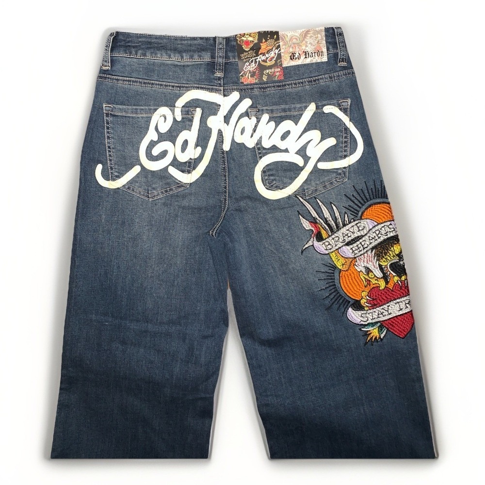 Ed Hardy Wide Leg Jeans Women's 26 Brave Hearts Stay True Eagle Med Vintage Wash